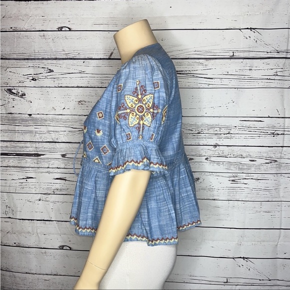 Free People Chambray Puff Sleeve Crop Tallulah Embroidered Blouse Size XL - Picture 6 of 8